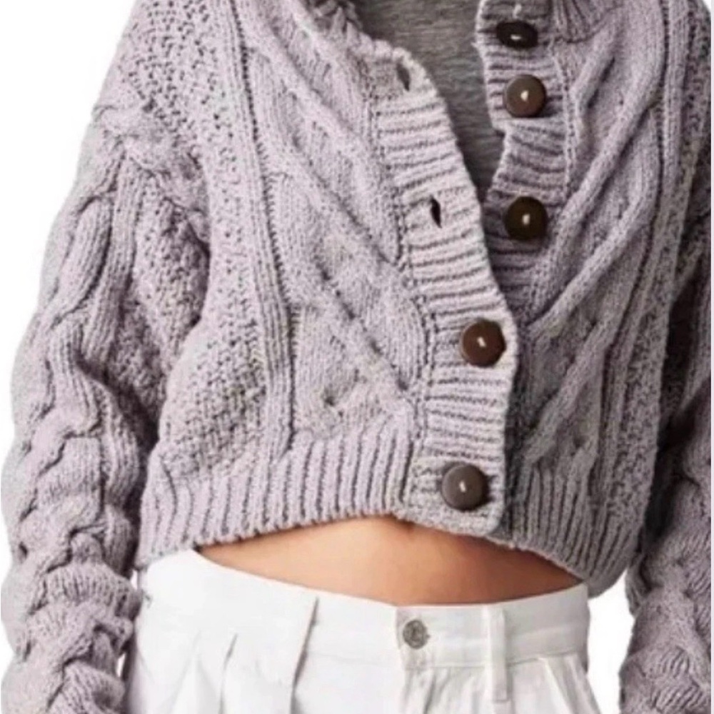 NWOT Free People Women's Bonfire Cable grey Knit Cardigan Sweater size XS